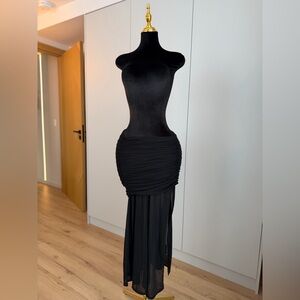 Mesh Ruched Maxi Skirt with Split in Black